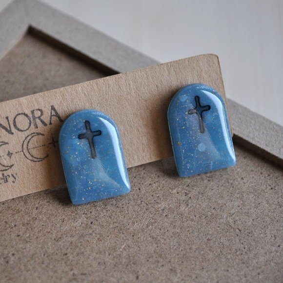 Handmade Jewelry - Handmade Tombstone Polymer Clay Stud Earrings Slate Blue Stainless Steel Posts